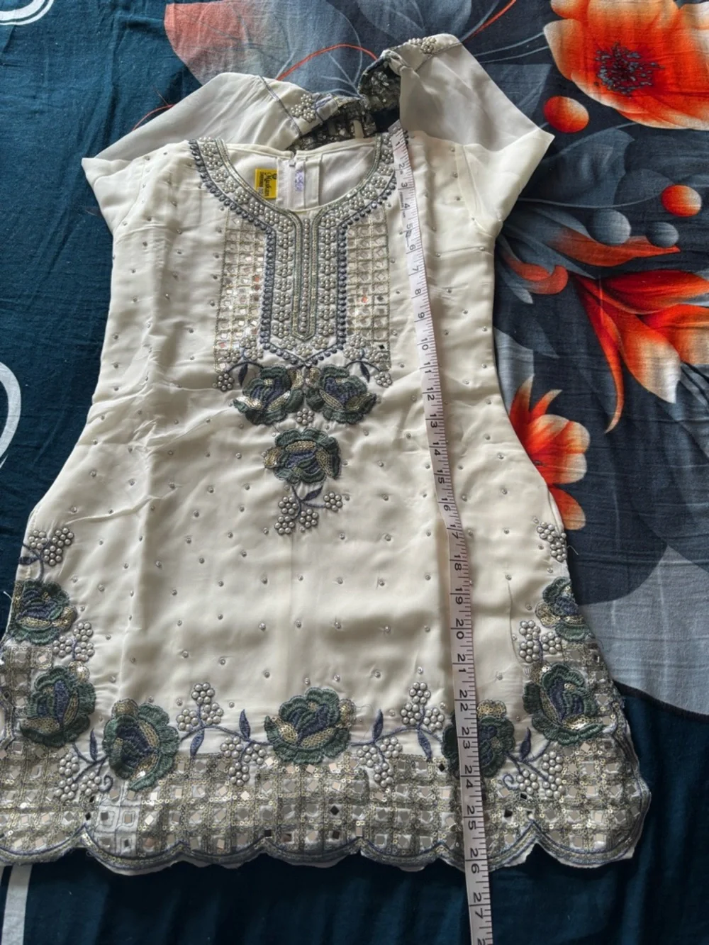 Embellished Cream and Sage Floral kids Salwar Kameez